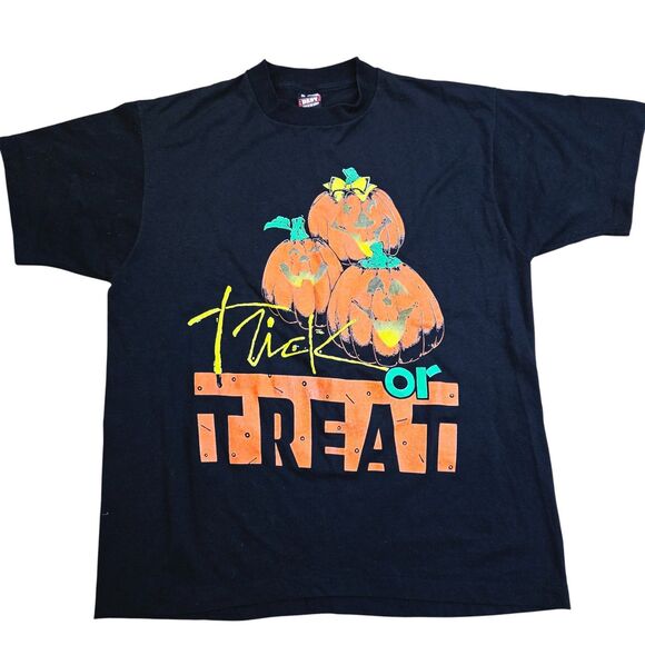 Vintage Single Stitch HALLOWEEN Pumpkins "Trick or Treat" (XL) T-Shirt USA made - Picture 1 of 8